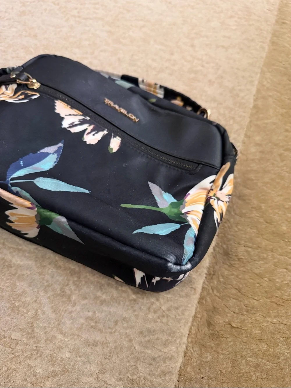 Travelon Black Floral Crossbody with Teal and Yellow Accents - Picture 3 of 8